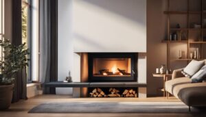 Een moderne, strakke houtkachel voor een gezellige open haard in een woonkamer.