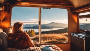 Persoon zit comfortabel bij kachel in camper omgeven door campinguitrusting en natuur.