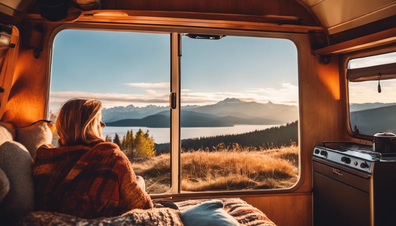 Persoon zit comfortabel bij kachel in camper omgeven door campinguitrusting en natuur.