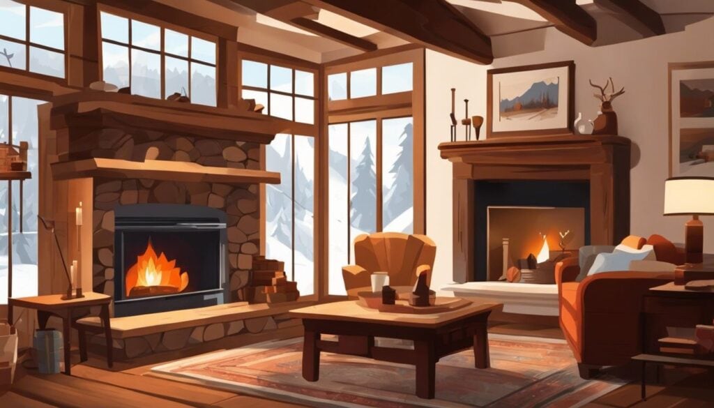 Een persoon verzorgt een gezellige open haard in een landelijk huis.