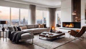 Een comfortabele woonkamer met een eigentijdse openhaard en stadsfotografie.