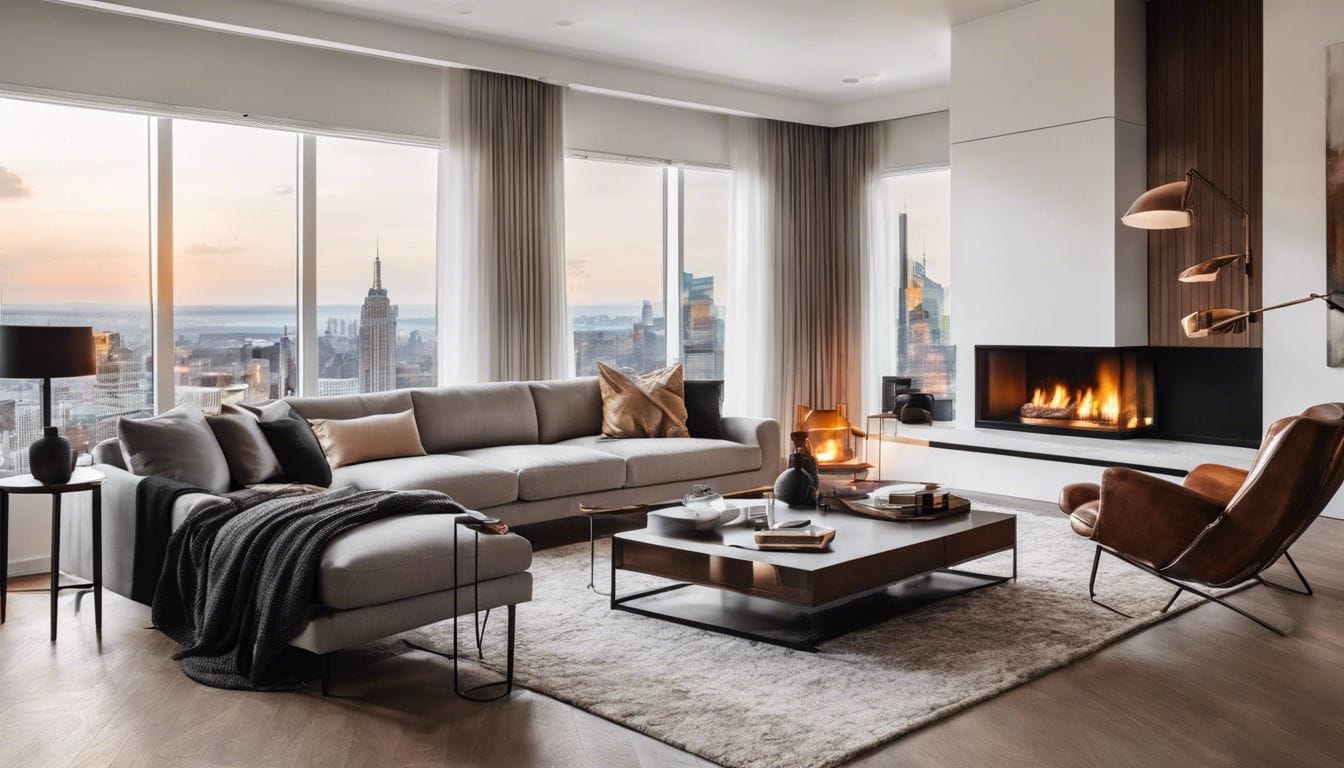 Een comfortabele woonkamer met een eigentijdse openhaard en stadsfotografie.