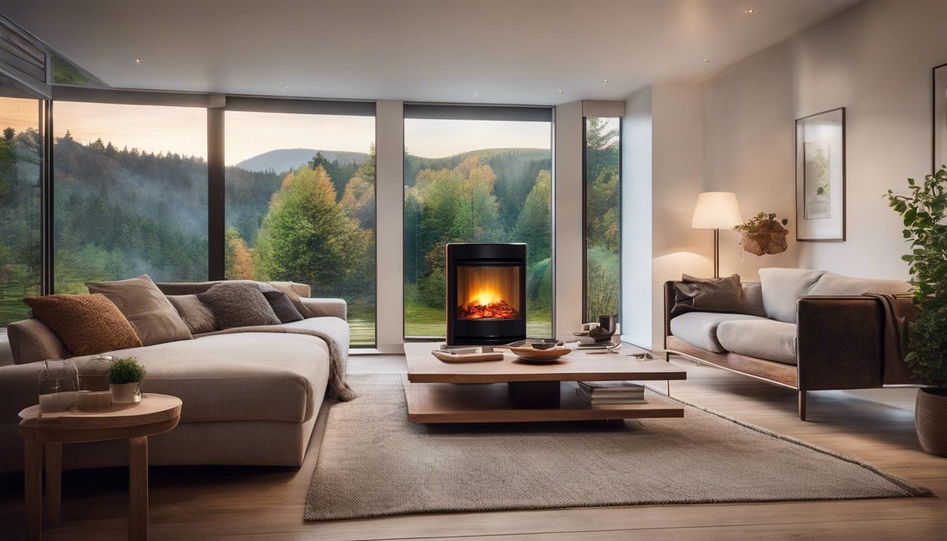 Een comfortabele woonkamer met een EvoEnergy-olieverwarming en natuurlijke fotografie aan de muur.