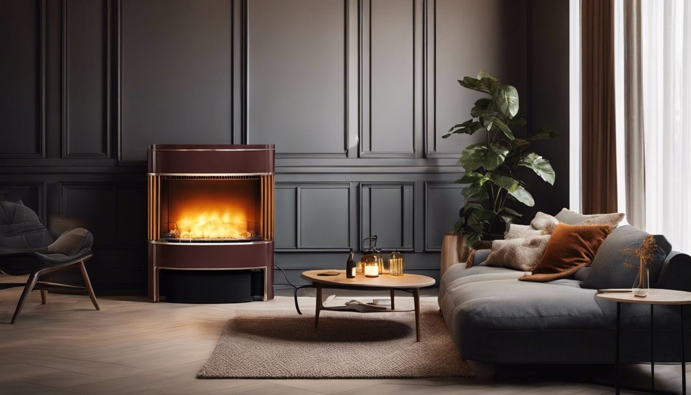 Een comfortabele woonkamer met de Pelgrim Bambino olie kachel als middelpunt.