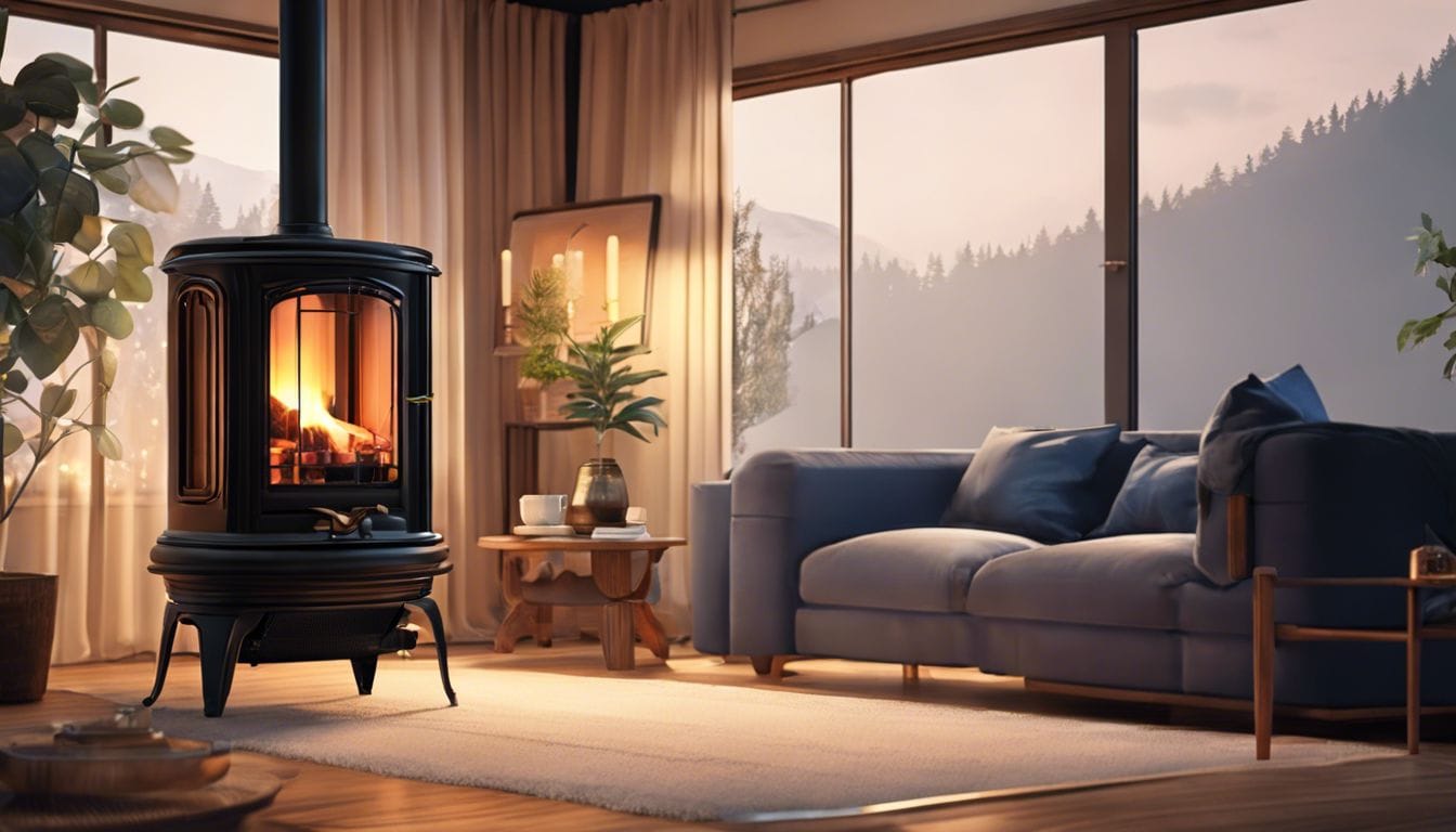 Een gezellige woonkamer met de Tayosan 363 Petroleumkachel op de achtergrond.