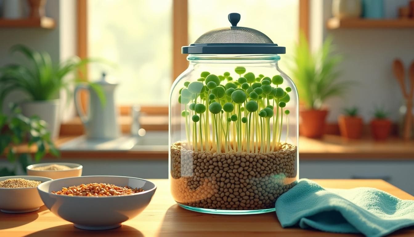 Een glazen pot met ontkiemende zaden en keukensfeer.