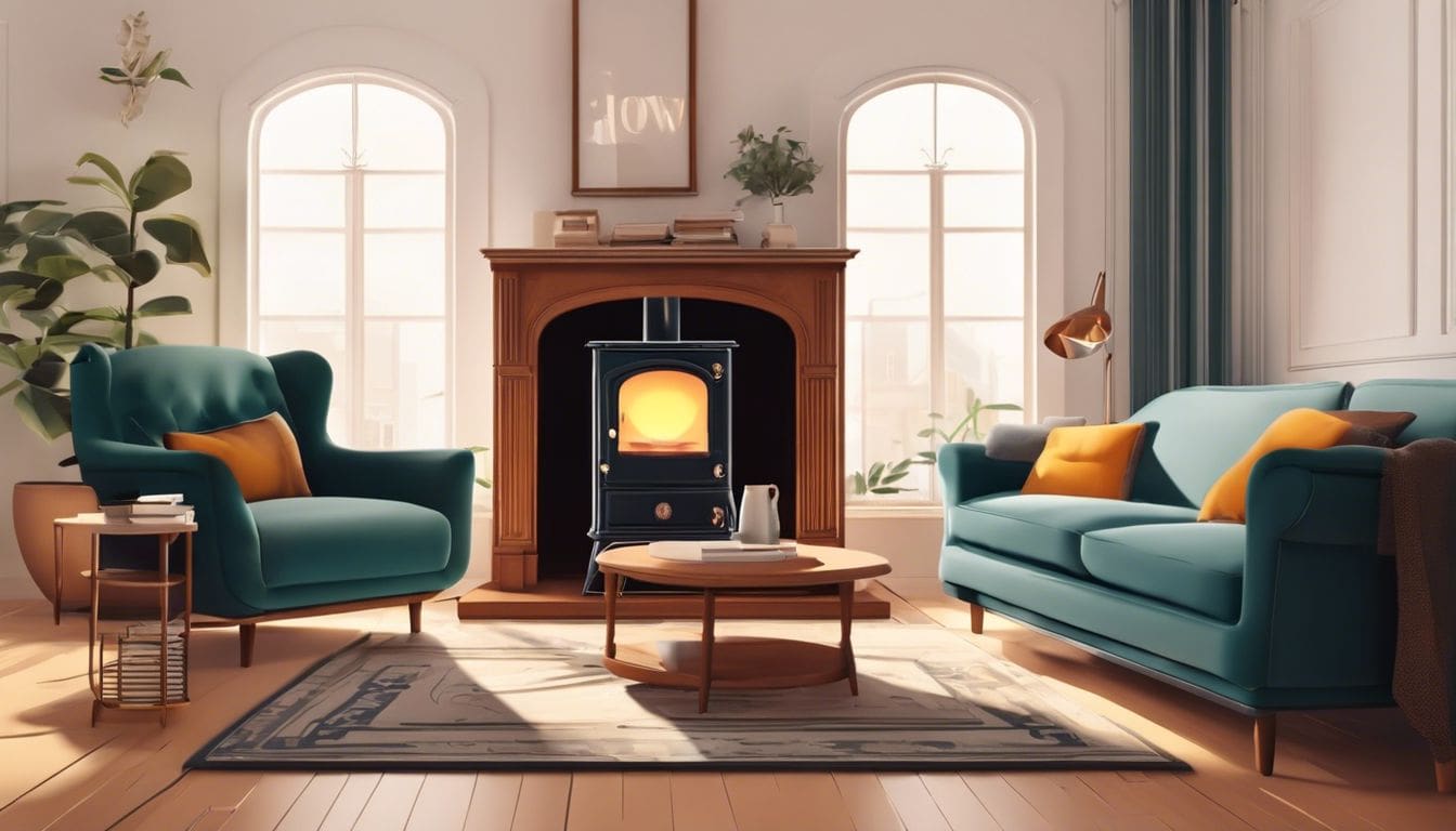 Een gezellige woonkamer met een vintage oliekachel en knusse meubels.