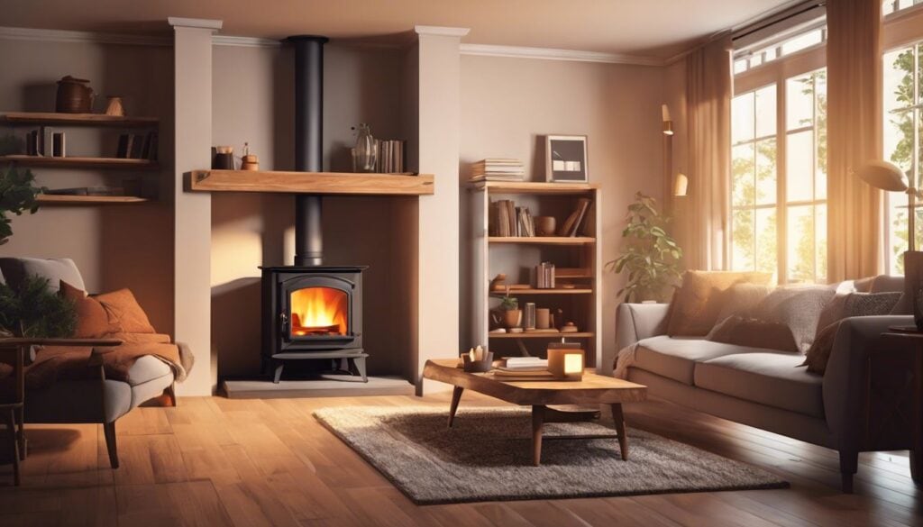 Een gezellige woonkamer met houtkachel en comfortabele meubels.