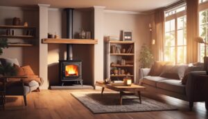 Een gezellige woonkamer met houtkachel en comfortabele meubels.