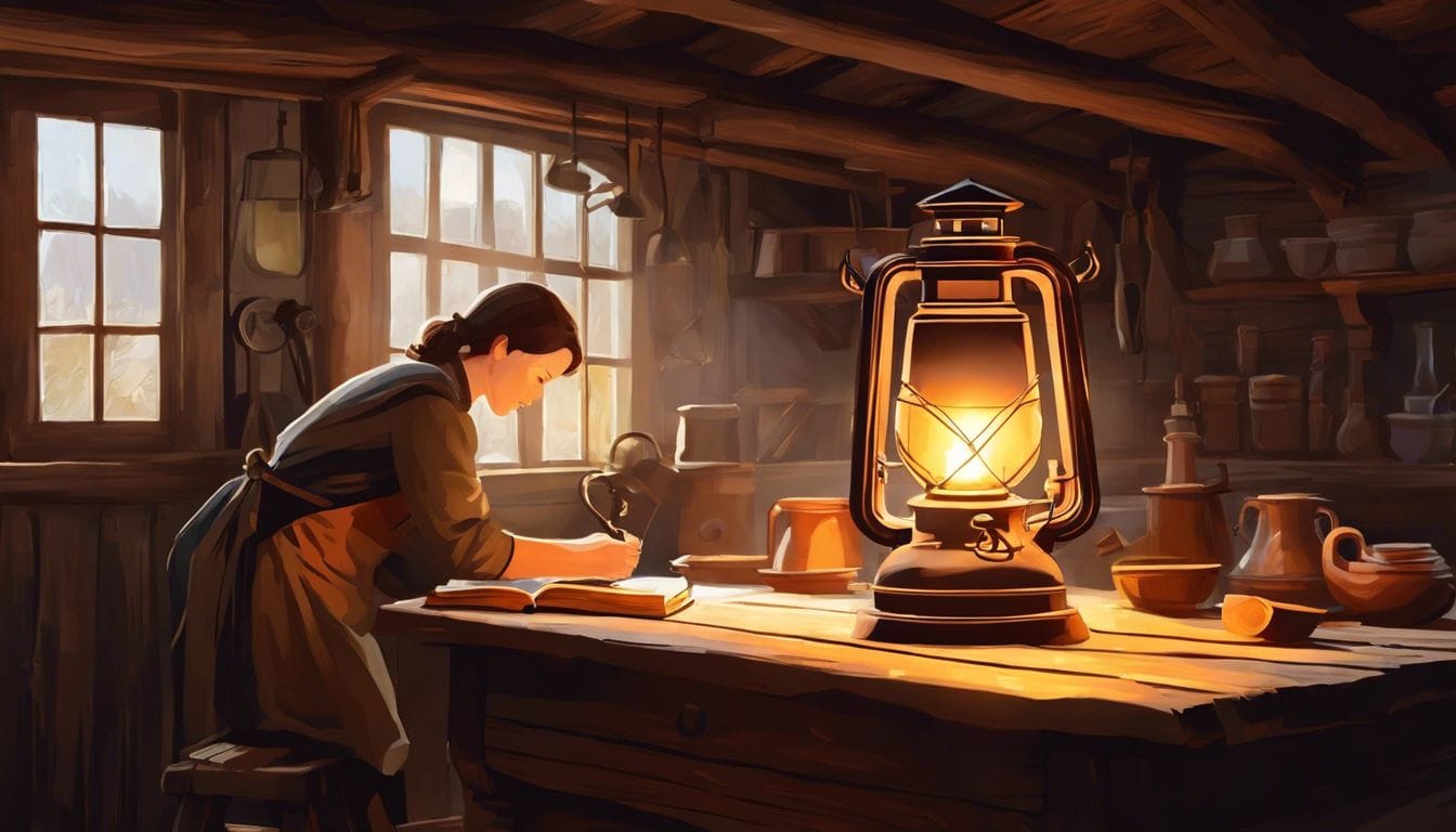 Een persoon vervangt en onderhoudt de pit van de olielamp in een rustieke boerderij.