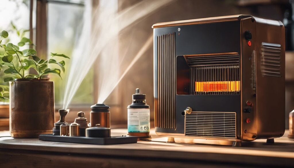 Een laserolieverwarmer met instructies en benodigde gereedschappen, omringd door natuur en close-up van onderdelen.