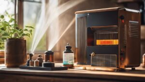 Een laserolieverwarmer met instructies en benodigde gereedschappen, omringd door natuur en close-up van onderdelen.