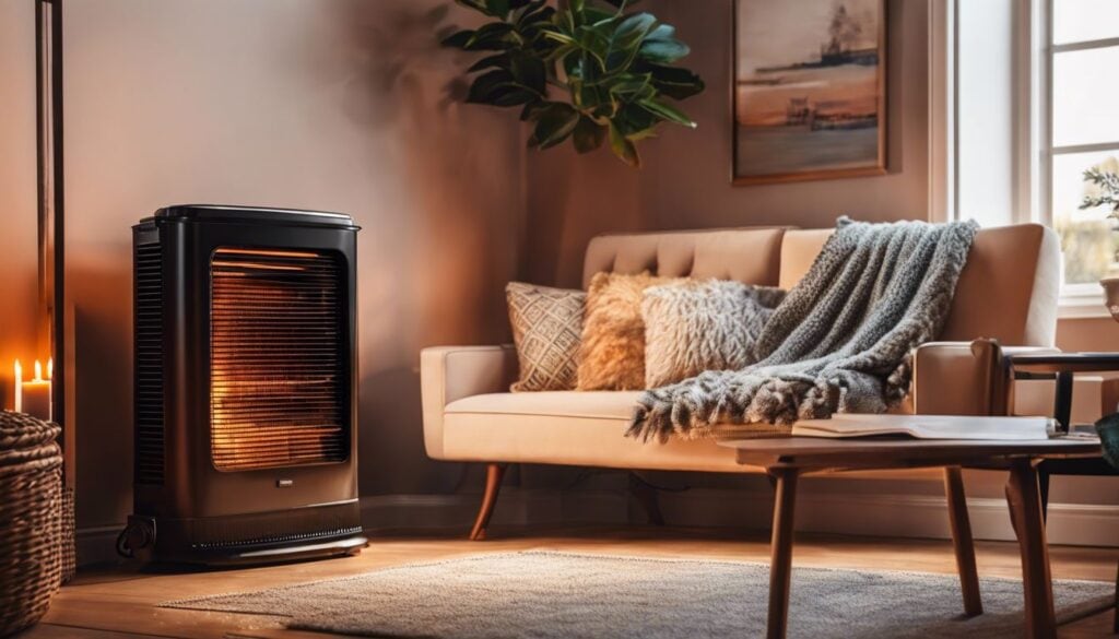 Een gezellig huis met een vintage oliekachel en comfortabele decoratie.