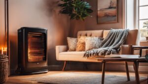 Een gezellig huis met een vintage oliekachel en comfortabele decoratie.