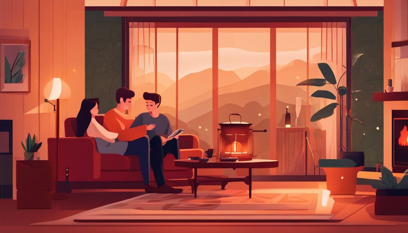 Een man en een vrouw knuffelen bij een Zibro-petroleumkachel in een knusse woonkamer.