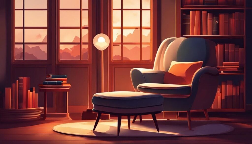 Een comfortabele leeshoek met een stoel, boeken en een kleine kachel.