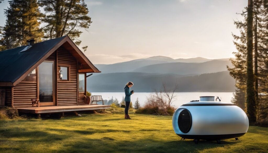 Een persoon staat naast de OceanTec mobiele petroleumkachel in een gezellige woonkamer, omringd door natuurlijke foto's, en benadrukt comfort en ontspanning.