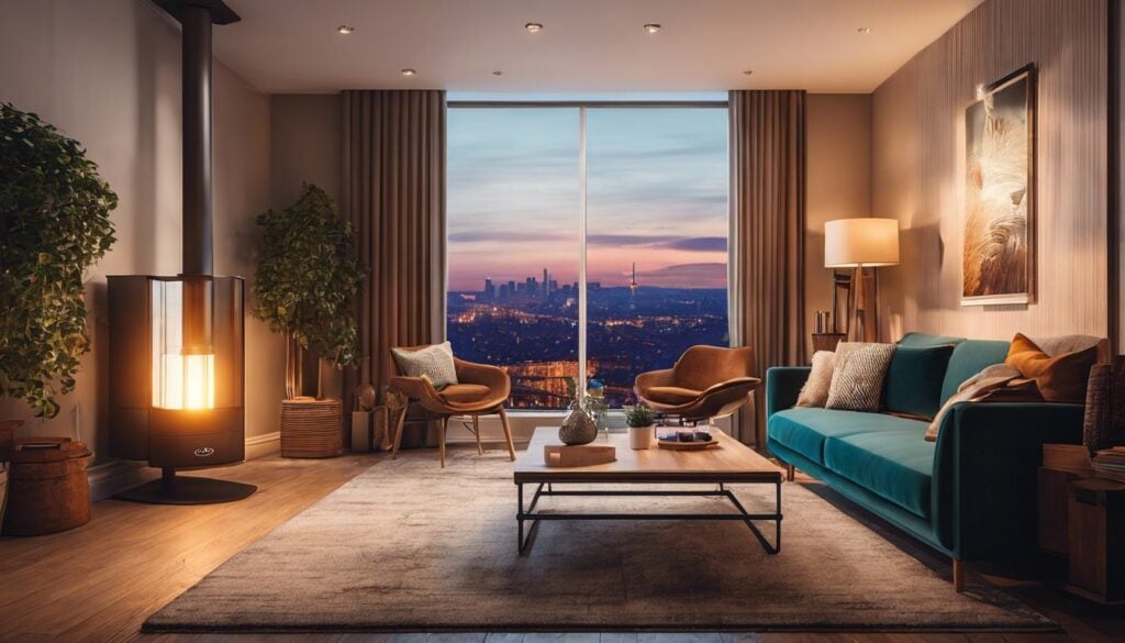 Een comfortabele woonkamer met een 500 watt olie kachel en stadsfotografie.