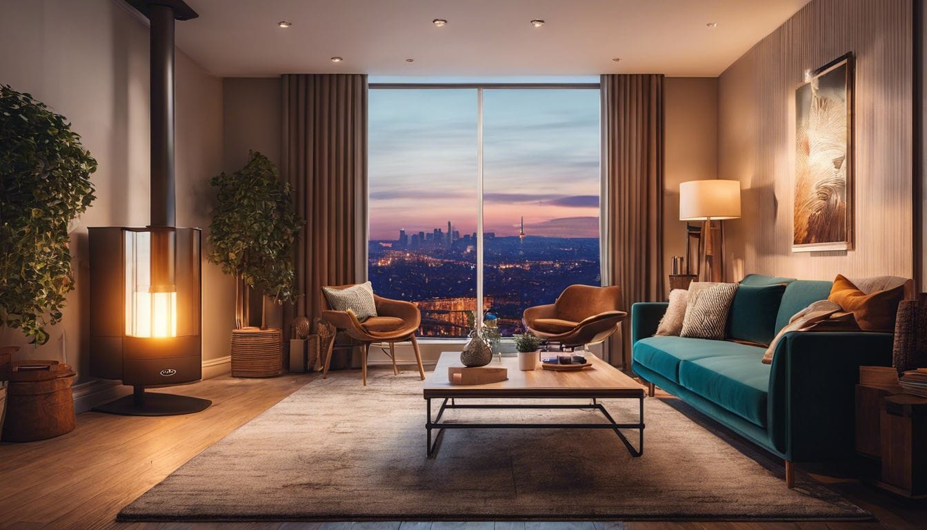 Een comfortabele woonkamer met een 500 watt olie kachel en stadsfotografie.