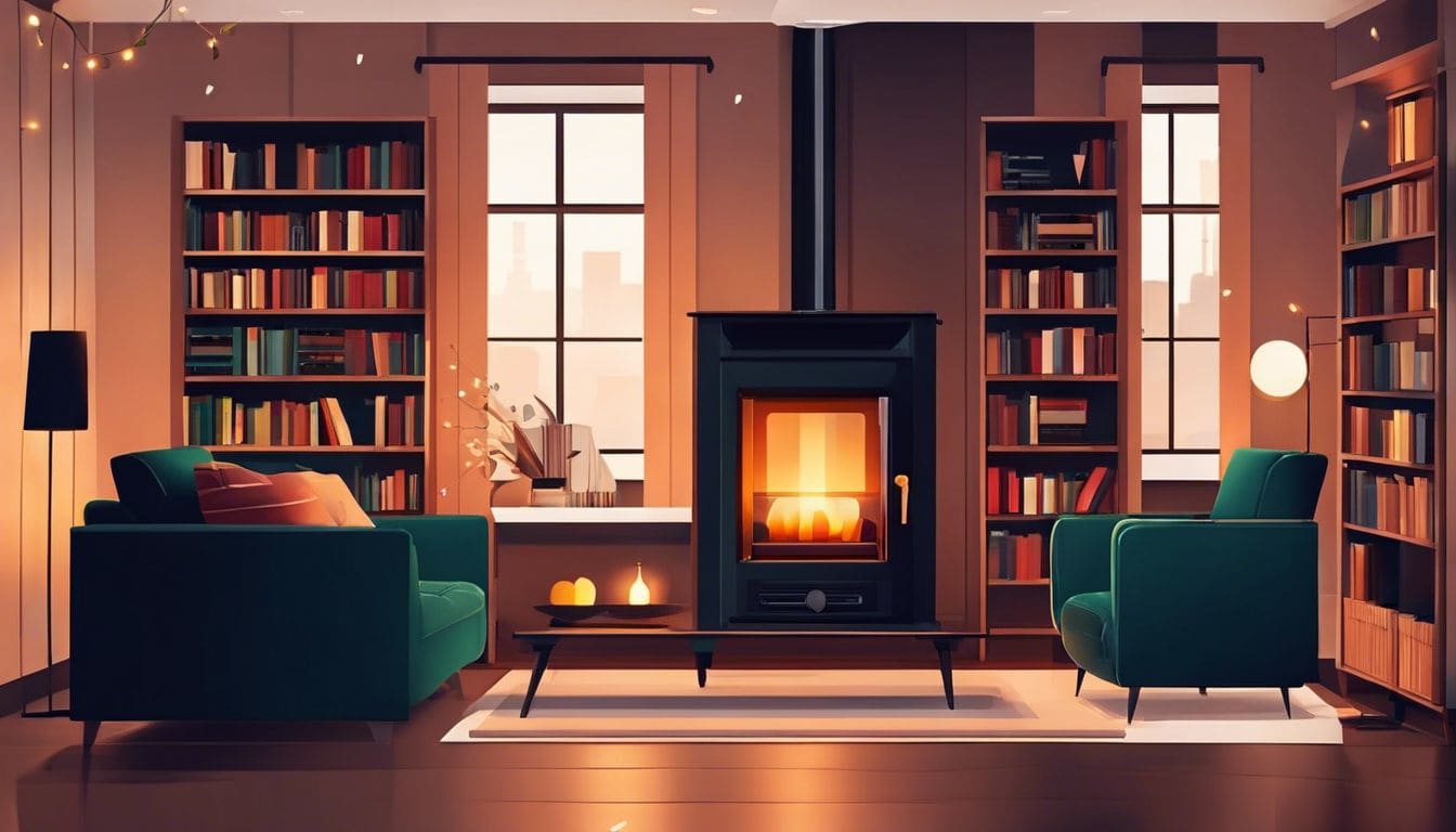 Een comfortabele woonkamer met een Qlima petroleumkachel en gezellig meubilair.