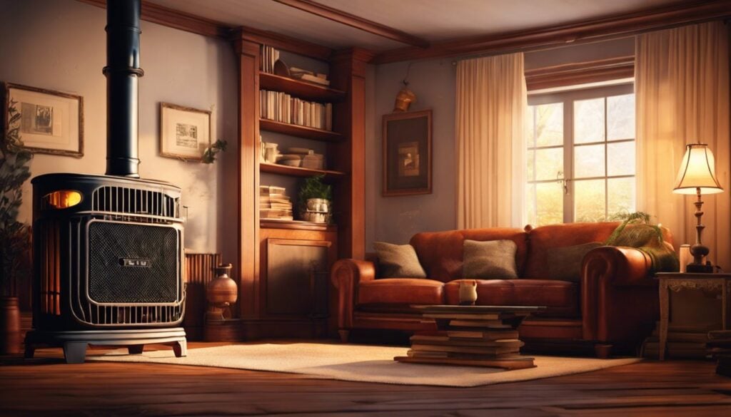 Een oude, roestige kerosinekachel in een charmante vintage woonkamer.