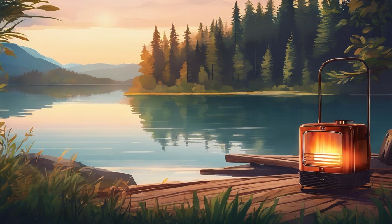 Een butaanverwarmer in een gezellige buiten camping setting, omringd door weelderig groen en een rustig meer op de achtergrond. Een butaanverwarmer in een gezellige buiten camping setting, omringd door weelderig groen en een rustig meer op de achtergrond.