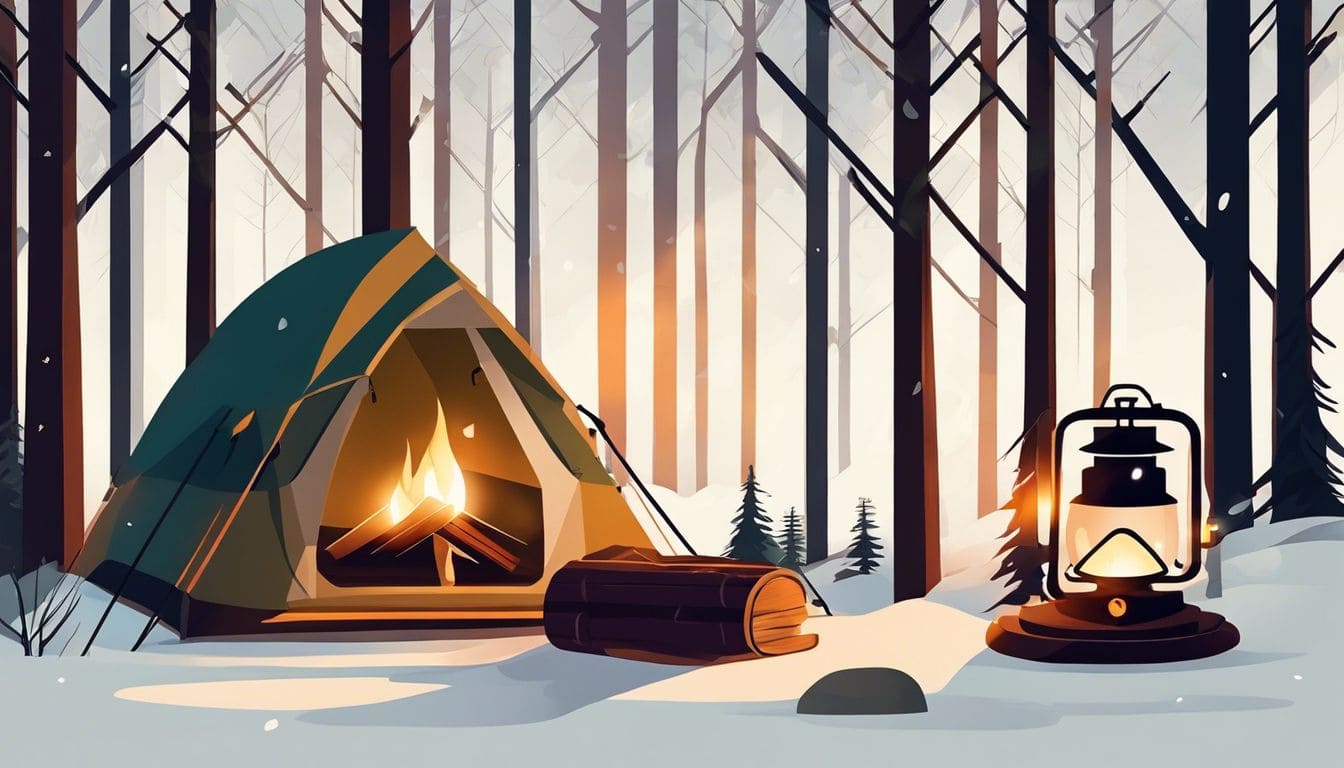 Goed georganiseerde kampeeropstelling met draagbare kerosinekachel in bos. Goed georganiseerde kampeeropstelling met draagbare kerosinekachel in bos.