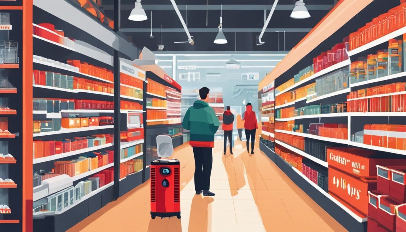 Een persoon bekijkt draagbare warmtebronnen in een bouwmarkt.