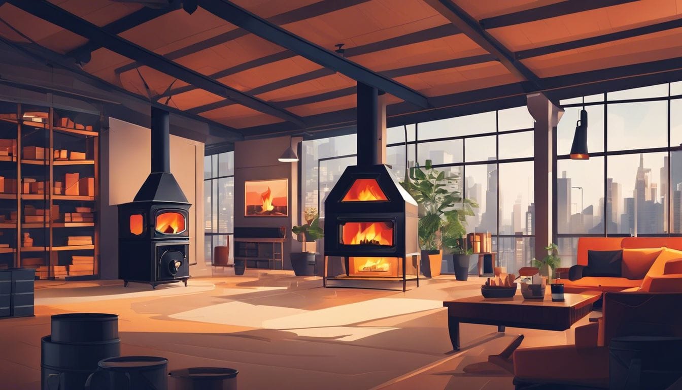 Een magazijn gevuld met hoogwaardige kachels en haarden, omringd door professioneel personeel.