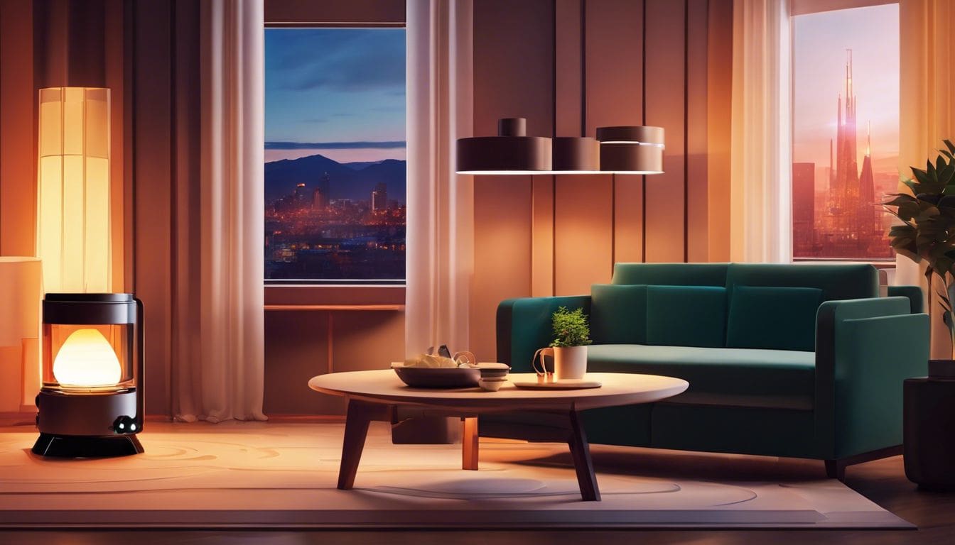 Een gezellige woonkamer met een Qlima petroleumkachel op de achtergrond.