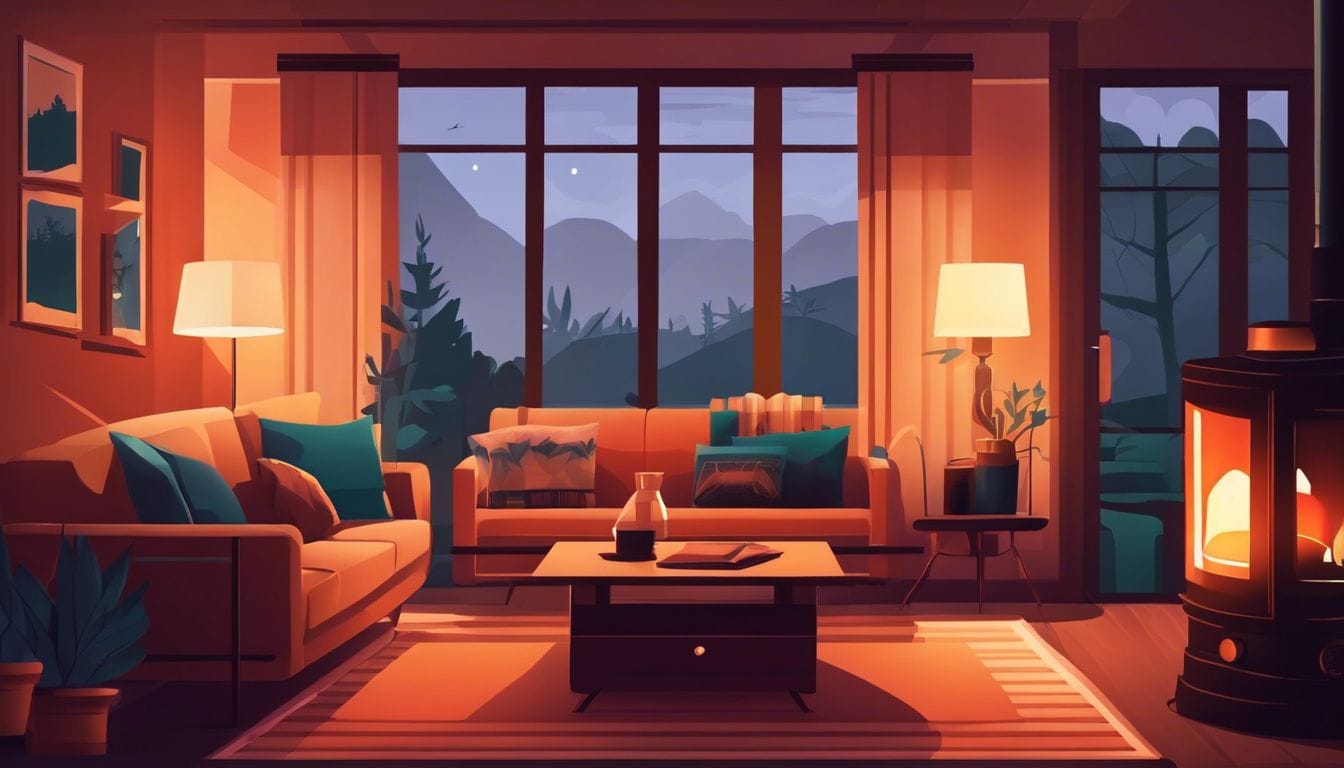 Een gezellige huiskamer met een gloeiende oliekachel en comfortabele meubels.