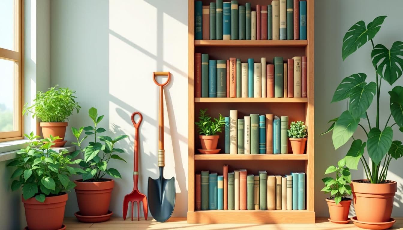 Een houten boekenkast gevuld met zelfvoorzienende boeken en omringd door kruidenplanten en tuingereedschap. Een houten boekenkast gevuld met zelfvoorzienende boeken en omringd door kruidenplanten en tuingereedschap.