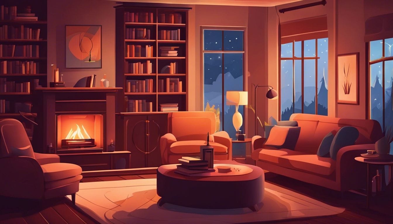 Een gezellige woonkamer met een Zibro petroleum kachel, comfortabele meubels en een boekenkast.