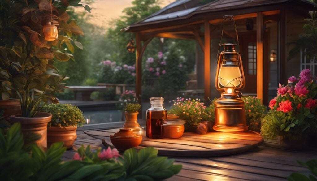 Iemand giet kerosine in een olielamp op een gezellig terras.