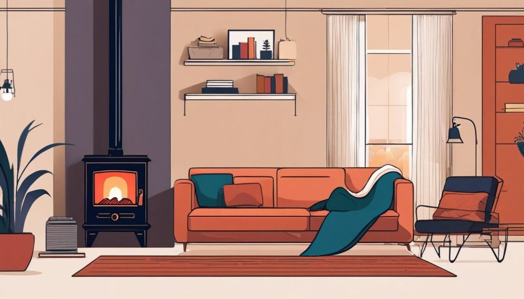 Een persoon zit comfortabel naast de Perel Petroleum Heater in een knusse woonkamer.