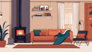 Een persoon zit comfortabel naast de Perel Petroleum Heater in een knusse woonkamer.