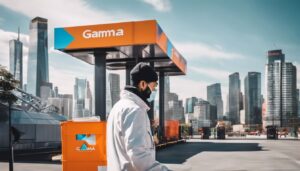 Persoon met gascontainer voor display bij Gamma.