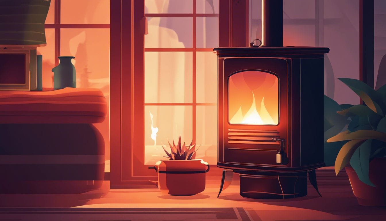 Een persoon zit naast een brandende kerosinekachel in een gezellige woonkamer.