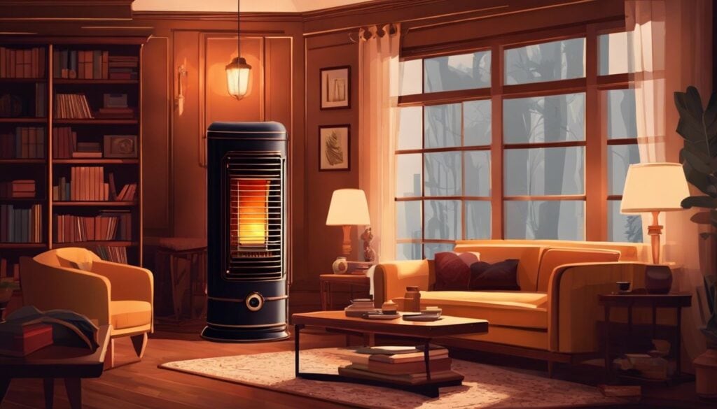 Een vintage oliekachel in een gezellige woonkamer met pluche meubels en een boekenkast.