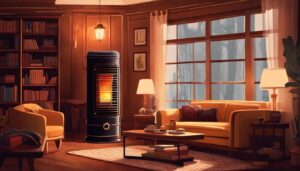 Een vintage oliekachel in een gezellige woonkamer met pluche meubels en een boekenkast.