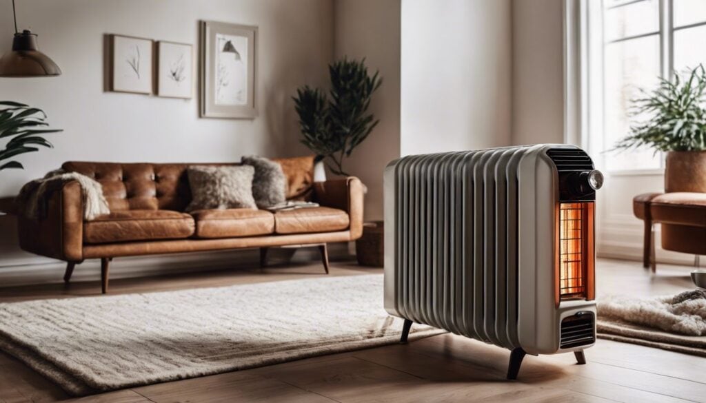 Een vintage-olieverwarmer in een gezellige woonkamer.