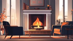 Een comfortabele woonkamer met een verlichte kerosinekachel en gezellige fauteuils.