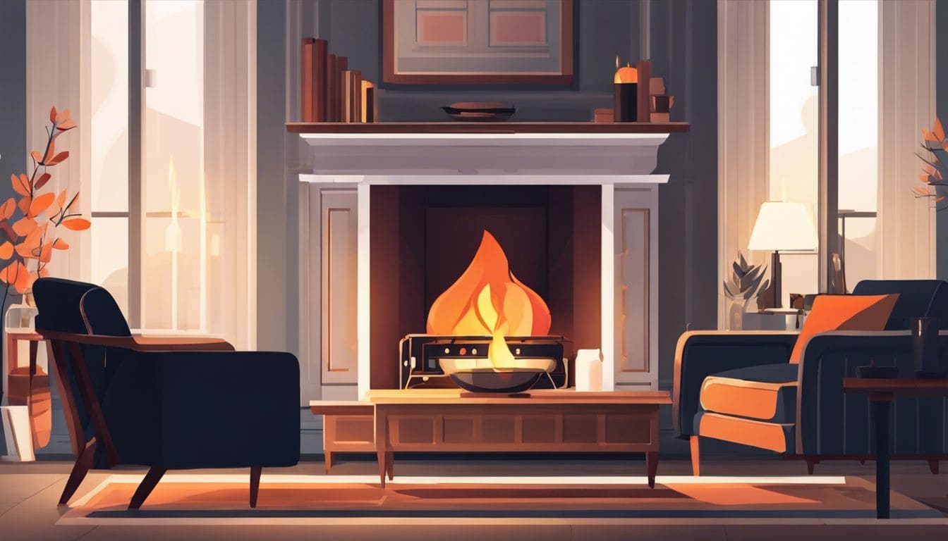 Een comfortabele woonkamer met een verlichte kerosinekachel en gezellige fauteuils.