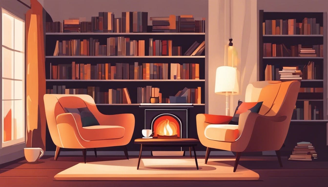 Een gezellige woonkamer met een verwarmende oliekachel, comfortabele stoelen en een boekenplank vol geliefde romans.