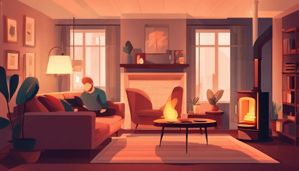 Een gezellige woonkamer met een familie rond een warme oliekachel.