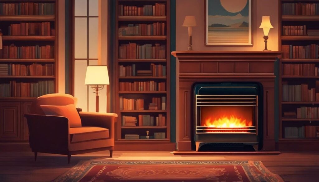 Een vintage olieverwarmer in een gezellige woonkamer met comfortabele meubels.