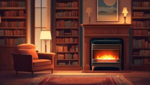 Een vintage olieverwarmer in een gezellige woonkamer met comfortabele meubels.