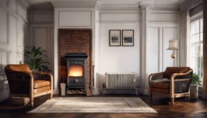 Een comfortabele woonkamer met vintage kerosineverwarmer, gezellige sfeer.