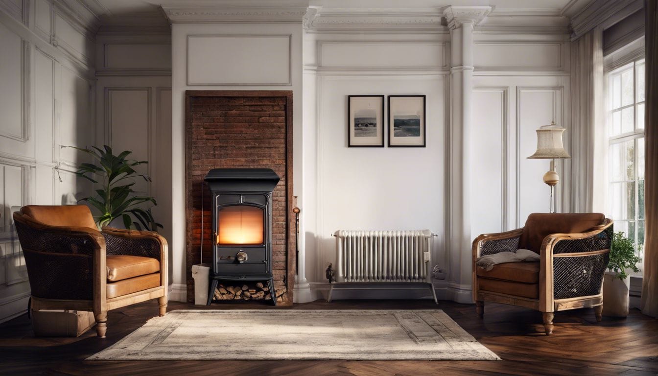 Een comfortabele woonkamer met vintage kerosineverwarmer, gezellige sfeer.