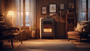 Een vintage-oliekachel in een gezellige, rustieke woonkamer met nostalgische charme.